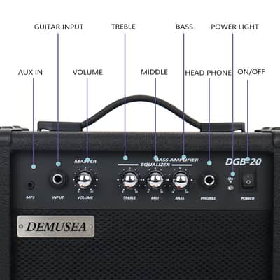 Demusea 20W Electric Bass Amplifier Black Bass Amp Portable Travel Beginner Practice Headphone Jack Aux Treble Middle Bass Mp3 with 3m Noiseless Cable Adapter Picks Aux Cable Earphone image 2
