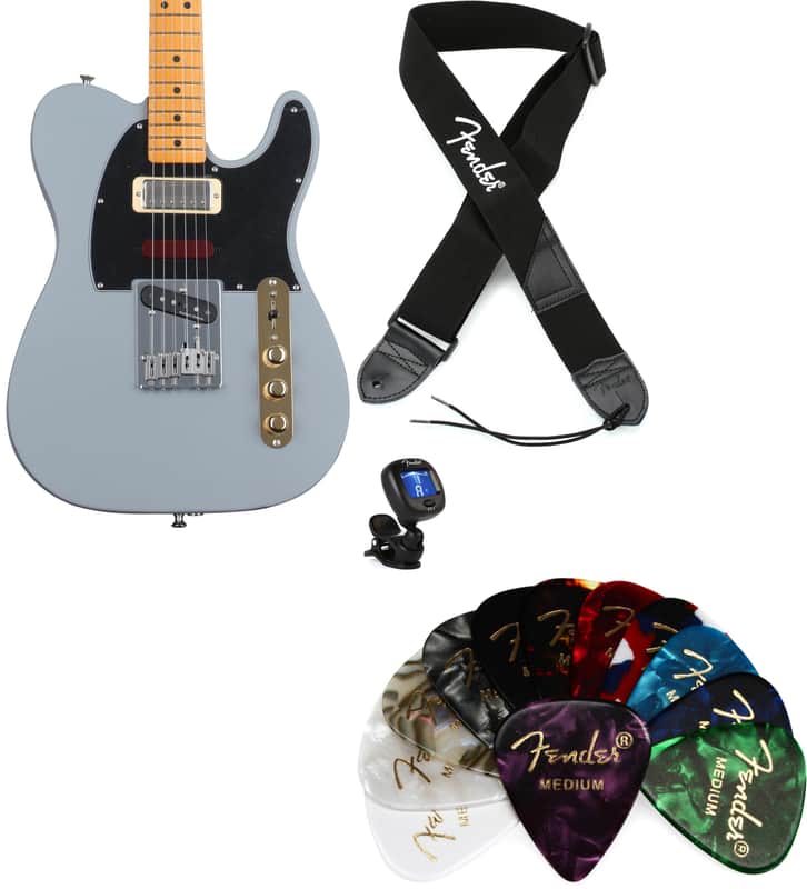Fender Brent Mason Telecaster Electric Guitar - Primer Gray  Bundle with Fender 2" Polyester Logo Strap - Black with White Logo... (4 Items)