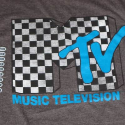 new with hang-tag A+ MTV Checkerboard Logo size Medium (M) Men's Short Sleeve T Shirt, Charcoal Heather Gray, 60% Cotton, 40% Polyester - retro 1980s MTV graphic: checkered black & white with turquoise (style # MTVN0077) image 4