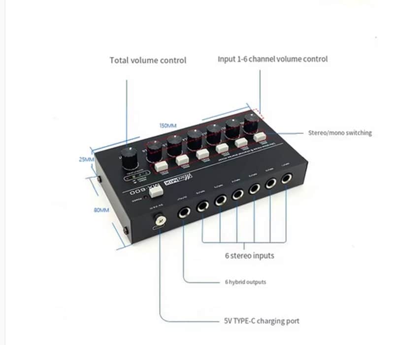 Mini Mixer Passivo Stereo CX600 – 6 Canali In 2 Uscite, Controllo Volume, Portatile In Metallo, Nero