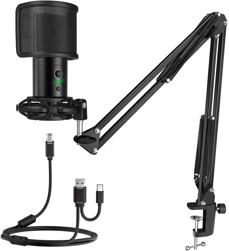 USB Gaming Streaming Microphone Kit for PC Computer, Condenser Mic Set with Arm Stand Mute Button & Gain, Mic Studio Bundle image 1