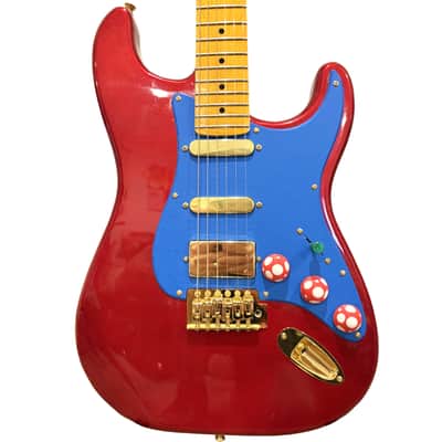 1 of 1 Custom Super Mario Nintendo Red Electric Guitar Strat Style / ST HSS | Mushroom Control Knobs | Green Warp Pipe Pickup Switch | Gold Pickups / Bridge / Tuning Pegs / Input Jack | Hand Painted Blue Pickgaurd | Red & Blue Guitar image 1