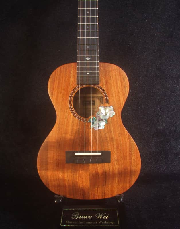 Handmade Soprano Ukulele, Solid Hawaiian Koa, Hibiscus Inlay, Soft-bag, Bruce Wei UG13-2236 image 1