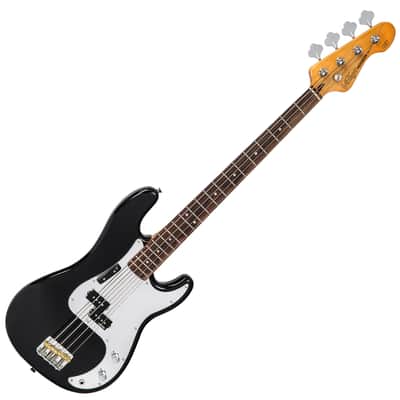 Vintage V4 ReIssued Bass Guitar - Black High Gloss with Mirror Scratchplate image 1