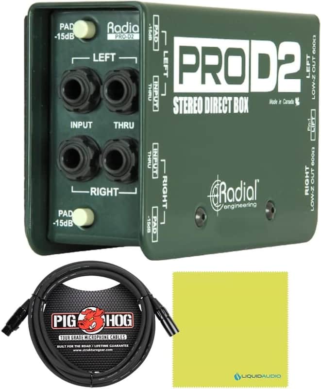 Radial DI Box PROD2 Passive Stereo DI Box Bundle with 10ft Pig Hog XLR Microphone Cord & Polishing Cloth - Hum Eliminator DI Boxes for Instruments, Passive Box Made for Keyboards, Guitar, Bass DI image 1