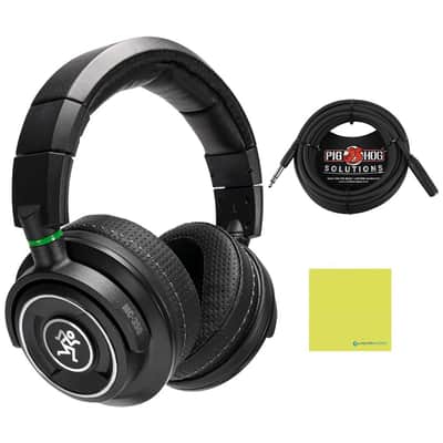 Mint Liquid Audio Mackie MC-350 Professional Closed-Back Headphones Black Bundle with Pig Hog 25ft Headphone Extension Cable and Instrument Polishiing Cloth image 1