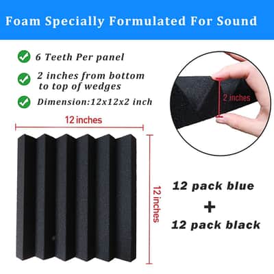 24 Pack Acoustic Foam Panels,2" X 12" X 12"Fireproof Soundproof Foam Sound Absorbing Noise Cancelling Panels For Recording Studios, Home, Offices Walls Ceilingï¼ˆ12 Blue+12 Blackï¼‰ image 2