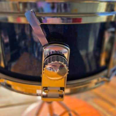Vintage 1960s Whitehall (Made by Pearl) 14"x5" Blue Sparkle Snare, Stand, and Case image 5