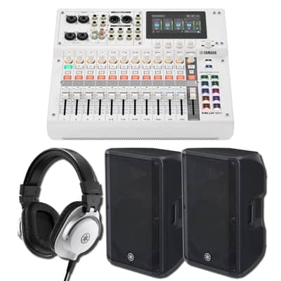 Yamaha MGX12V W 18-Channel Digital Mixing Console All-White On-Camera Studio Bundle with HDMI 4K Video Capture, 2x DBR15 15-Inch 1,000W Powered Loudspeakers, and HPH-MT5W White Closed-Back Studio Monitor Headphones image 1