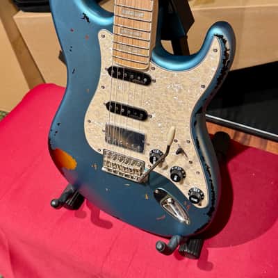 Vintage Guitars 30th Anniversary V6 Strat Overspray Relic  Super Flame Neck Lake Placid Gun Hill Blue image 5