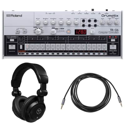 Roland TR-06 Drumatix Rhythm Performer with Closed-Back Studio Monitor Headphones and Stereo Mini Male to Stereo Mini Male Auxilary Cable (Gold Series) 10'