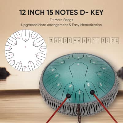 Steel Tongue Drum 12 Inch 15 Notes: Handpan Drums Set with Music Book Mallets Carry Bag - Hand Pan Instrument for Adults Musical Education Meditation Yoga Chakra (Green) image 2