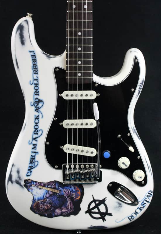 Custom Painted and Upgraded Fender Squier Bullet Strat Series - Aged and Worn with Custom Graphics image 1