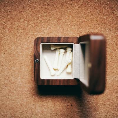 Premium Bone Bridge Pins in Pearl with Abalone Inlays & Walnut Wooden Box image 3