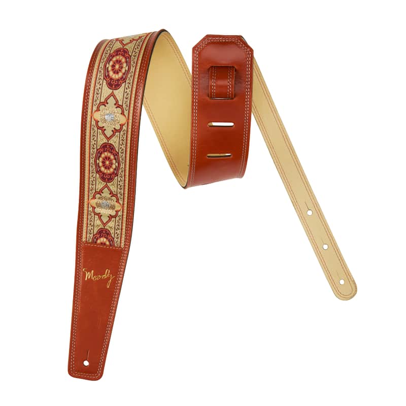2.5" - Hippie Series - Leather Backed Guitar Strap - Burnt Orange/Cream/Beige Geometric Extra Long (adjusts from 53" - 60") + $30.00 image 1