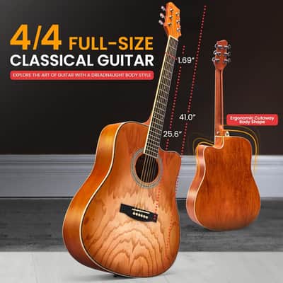 Steel String Acoustic Guitar Kit, 41" Full Size Cutaway with Ashtree Top, Open Pore Finish, Premium Accessory Set with Armored Gig Bag, Burst Matte image 2