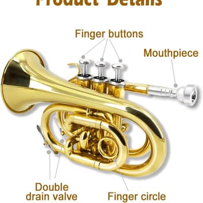 Bb Flat Pocket Trumpet Bass Trumpet For Beginner,Student With Cleaning cloth, Silver plated 7C mouthpiece,hard case White gloves (Gold) image 2