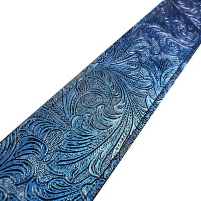 Blue Metallic Vegan Leather Guitar Strap-Blue Tooled Faux Leather Guitar Strap-Genuine Leather Ends -Fits Acoustic, Electric or Bass Guitars image 3