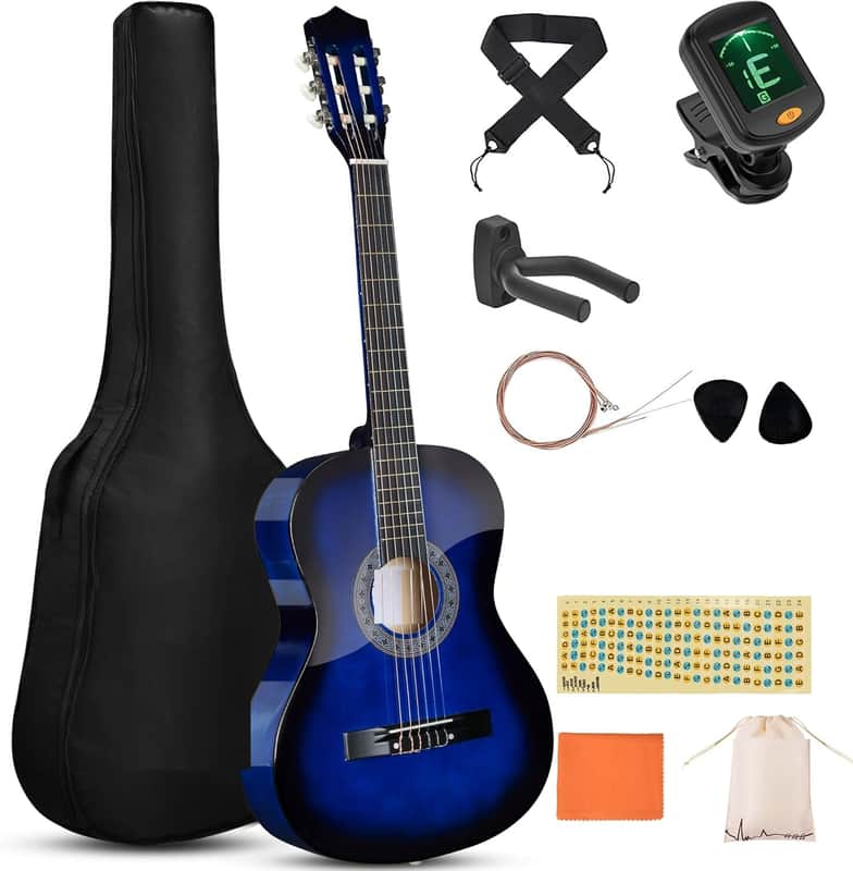 Beginner Acoustic Classical Guitar 38 Inch Nylon Strings Wooden Guitar Bundle Kit for Kid Boy Girl Student Youth Guitarra Online Lessons with Gig Bag, Strap, Tuner, Strings, Blue image 1