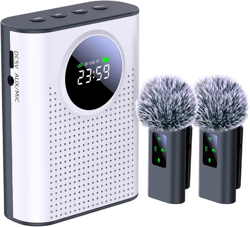Voice Amplifier Wireless Microphone Dual for Teachers Classroom Rechargeable, Mini Lavalier Lapel Mic, Portable Speaker PA System with LED Display for Class, Tour Guide, Coaches, White image 1