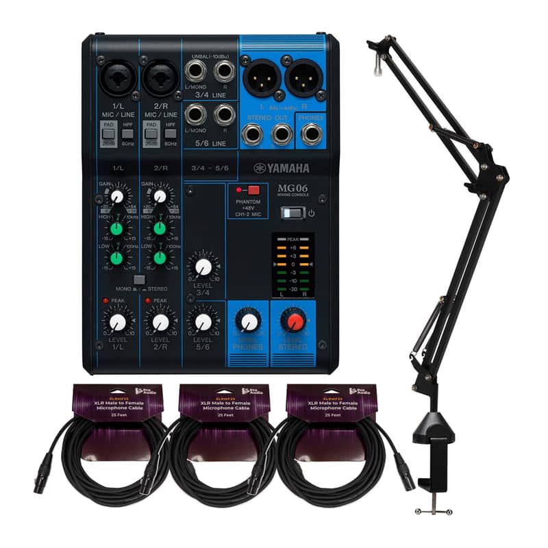 Yamaha MG06 6 Input Stereo Mixer with Microphone Stand and 3x XLR Cable Bundle image 1