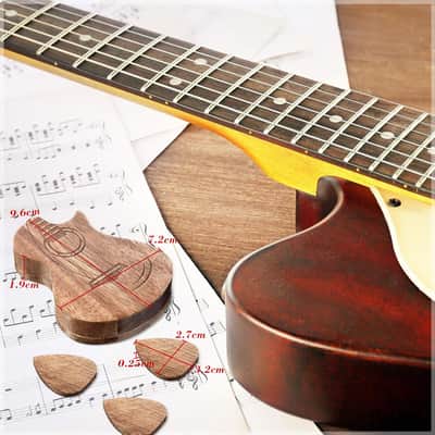 Guitar Pick Box Holder with 3 Pcs Wooden Guitar Picks, Wooden Collector Engraved Guitar Pick Box Classical Triangle Guitar Picks for Present Music Instrument Guitar Bass image 3
