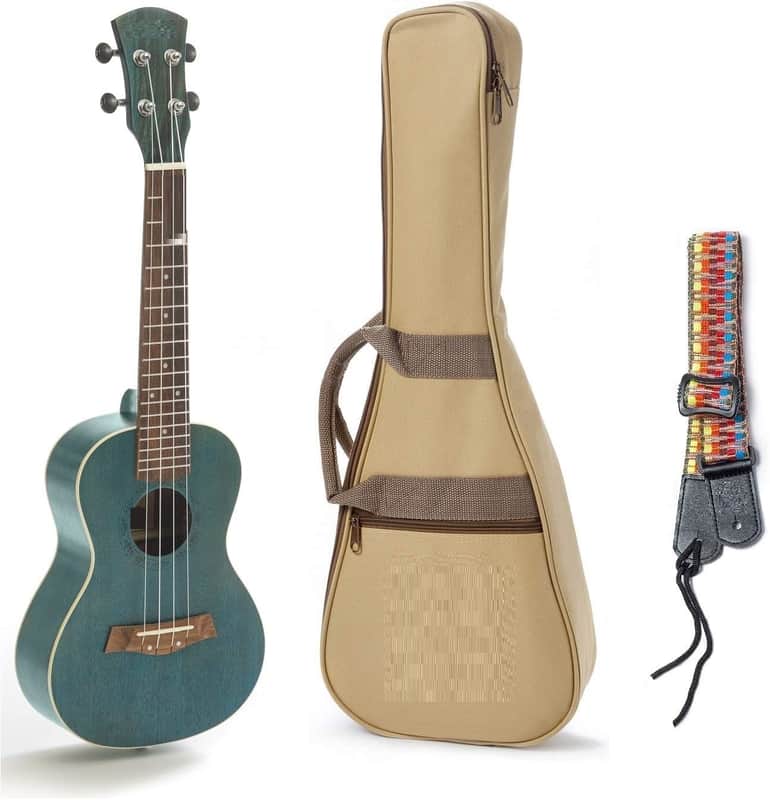 24 Inch Mahogany Ukulele with Aquila Nylgut Strings Installed, Padded Gig Bag, Strap and Picks - Blue image 1