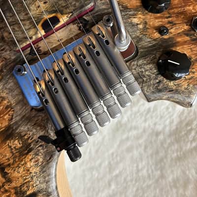 96 art Multiscale Headless 7 string Solidbody Guitar with Sophia Tremolo, Buckeye Burl, Ash, Purpleheart image 20