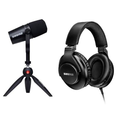 Shure MOTIV MV7 Dynamic Cardioid USB and XLR Podcast Microphone, Black, Podcast Kit with Manfrotto PIXI Mini Tripod & SRH440A Headphones image 2