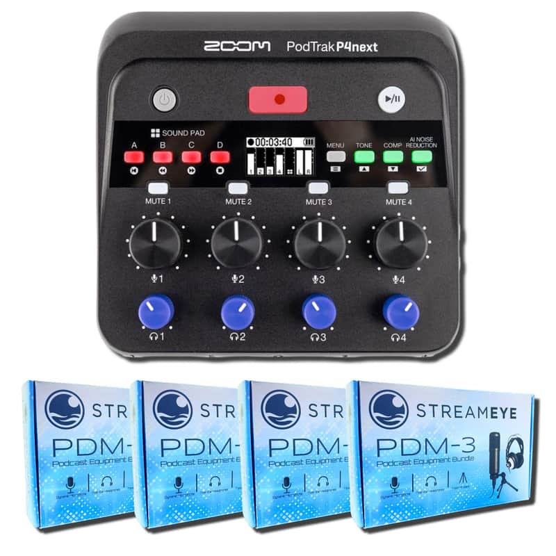 Zoom PodTrak P4next Podcast Recorder & Audio Interface with 4x StreamEye PDM-3 Podcast Equipment Bundle with Podcast Microphones, Headphones, Tripods & XLR Cables for Four-Person Recording image 1