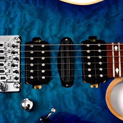 Bootlegger Guitar Royal HHH, Floyd Rose Double Locking Tremolo  Blue Clear Quilted Maple finish, Stiletto Hard Case image 10
