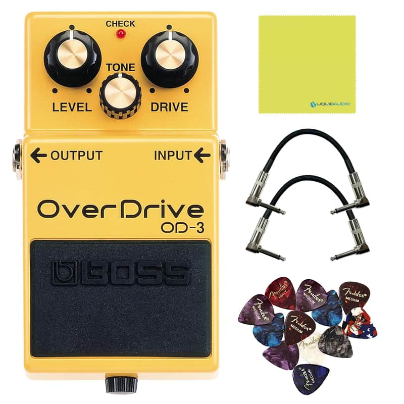 Boss Overdrive Pedal OD-3 Bundle with 2 Right Angle Patch Cables, 12 Guitar Picks & Polishing Cloth – Natural Overdrive, Smooth Dynamics, Extended Sustain, Classic Tube Amp Tone image 1