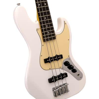 CNZ Audio JB Mini Electric Bass Guitar - Maple Neck, Ivory Pickguards, Rosewood Fingerboard, White image 3