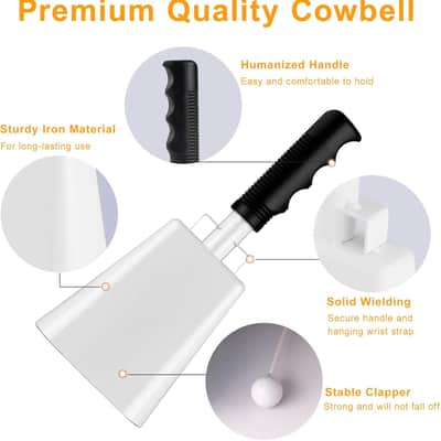 Cow Bell, 2 Pack Cheering Cowbells for Sporting Events, 10 Inch Large Cow Bells Noise Makers, Solid White Steel Hand Bell Chimes Alarm for Football Games, School, Percussion Musical Instruments image 3