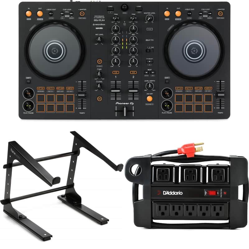 Pioneer DJ DDJ-FLX4 2-deck Rekordbox and Serato DJ Controller with Laptop Stand and Power Block - Graphite image 1