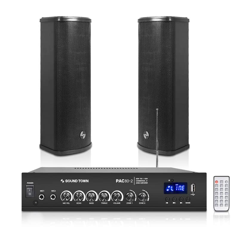 PAC80X2CL25B | Commercial Restaurant Amplifier and Column Array Set with a 2-Zone 70V/100V Bluetooth Amp, 2 x All-Weather Dual 5" Speakers, Black image 1