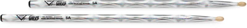 Vater Color Wrap Hickory Drumsticks - 5A - Wood Tip - Silver Optic (3-pack) Bundle image 1
