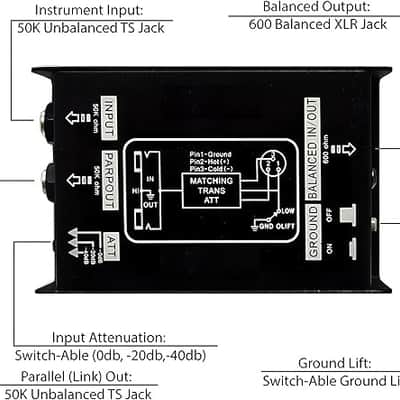Direct Injection Audio Box - 2.36" x 4.09" Passive DI Unit Hum Eliminator w/ Input Attenuator to Connect Guitar & Bass, 1/4'' Impedance Transformer Connector to Balanced & Unbalanced XLR image 2