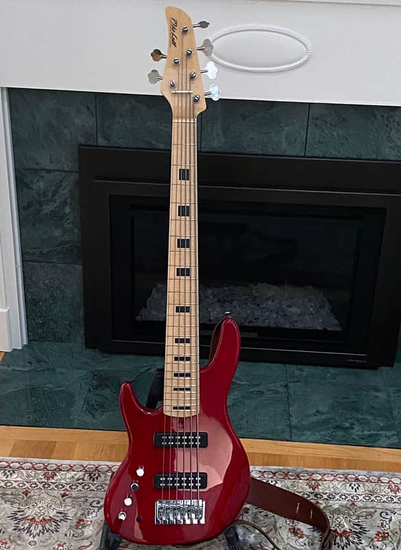 Mike Lull M6 custom left-handed 6-string bass 2023 - translucent red image 1