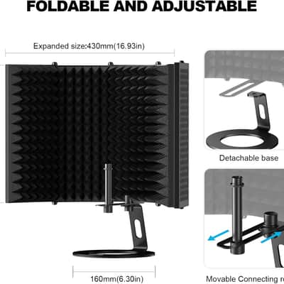 Microphone Isolation Shield, Foldable Mic Shield with Triple Sound Insulation, Reflection Filter with 3/8" and 5/8" Mic Threaded Mount for Recording Studio, Podcasts, Singing, and Broadcasting image 3