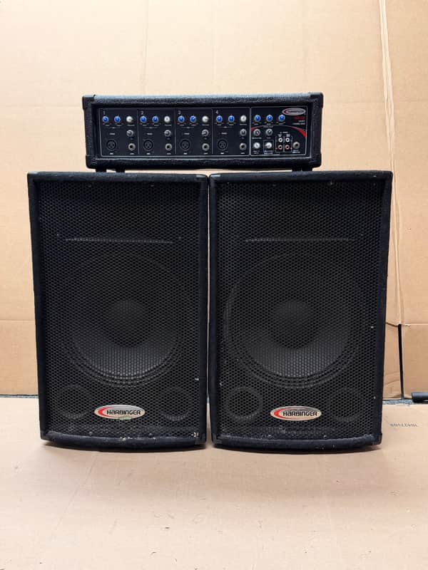 Harbinger HA120 120W 4-Channel Powered Mixer w/ Dual PA Speakers – Complete PA System - Used image 1