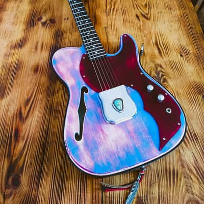 MADE TO ORDER - The Navajo Guslinger - Tribal Style Esquire Thinline Tele - Wine Red/Azul/Brown image 3