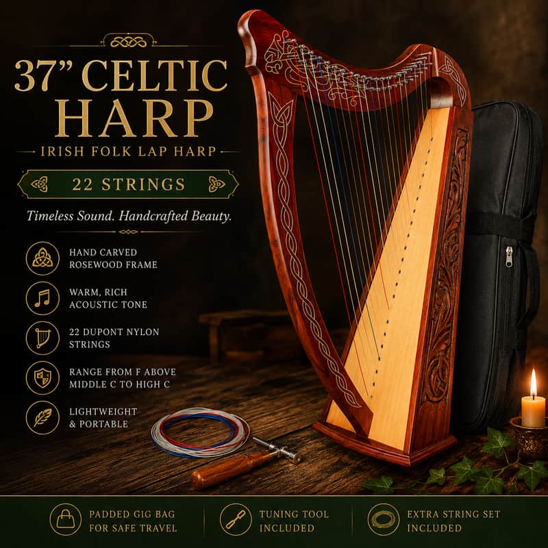 37" Celtic Irish Folk Harp 22 Strings Rosewood Lap Harp w/ Case & Extra Strings (2026 Model) image 1