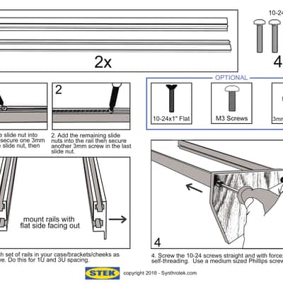 Synthrotek Eurorack Rails - 126HP, 100 x 3mm Slide Nuts - Modular Case Hardware image 4