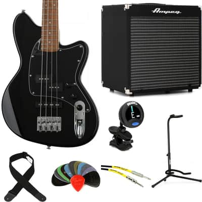 Ibanez Talman TMB30 Bass Guitar and Ampeg Rocket Amp Essentials Bundle - Black image 1