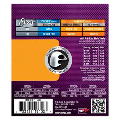 Elixir Acoustic Guitar Strings Nanoweb Phosphor Bronze 13-56 + 2 FREE Strap Lock image 2