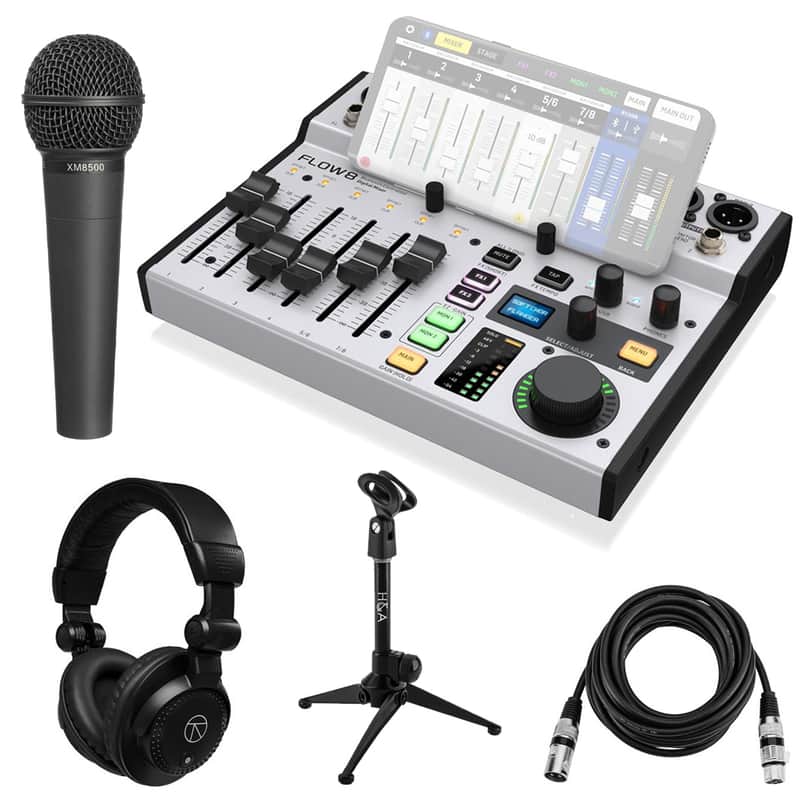 Behringer FLOW 8 8-Input Digital USB Audio Mixer, Bundle with ULTRAVOICE XM8500 Microphone, TAPH100 Headphones, Tripod Tabletop Stand and Value Series 15' Cable image 1