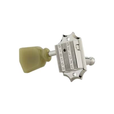 Gibson PMMH-010 Deluxe Green Key 3+3 Machine Heads - Vintage Nickel w/ Pearloid Buttons image 3