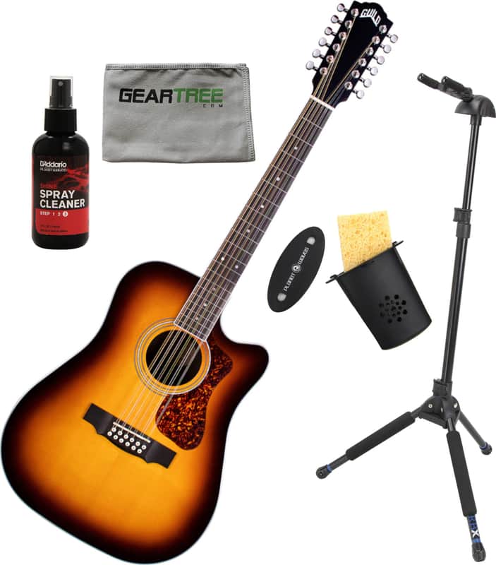 Guild D-2612CE Deluxe 12-String Acoustic Electric Antique Sunburst Archback Deluxe Solid Top Dreadnought w/ Stand, Humidifier, Polish, Cloth image 1