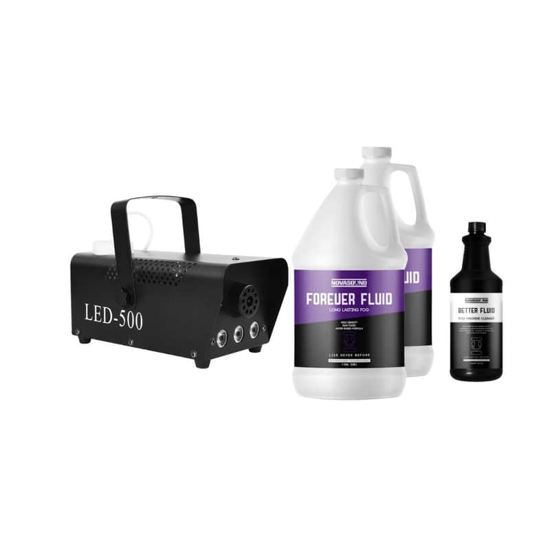 Fog Machine + Fluids Bundle Includes:     400-500W Fog Machine  2 PC 15W LED Lights App Controlled  2 Gal Fog Fluid  1 Quart Fog Machine Cleaning Fluid image 1